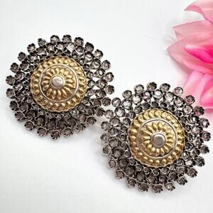 HUGE 925 Sterling Silver Crystal Mandala Earrings Bollywood Floral Studs Tested
